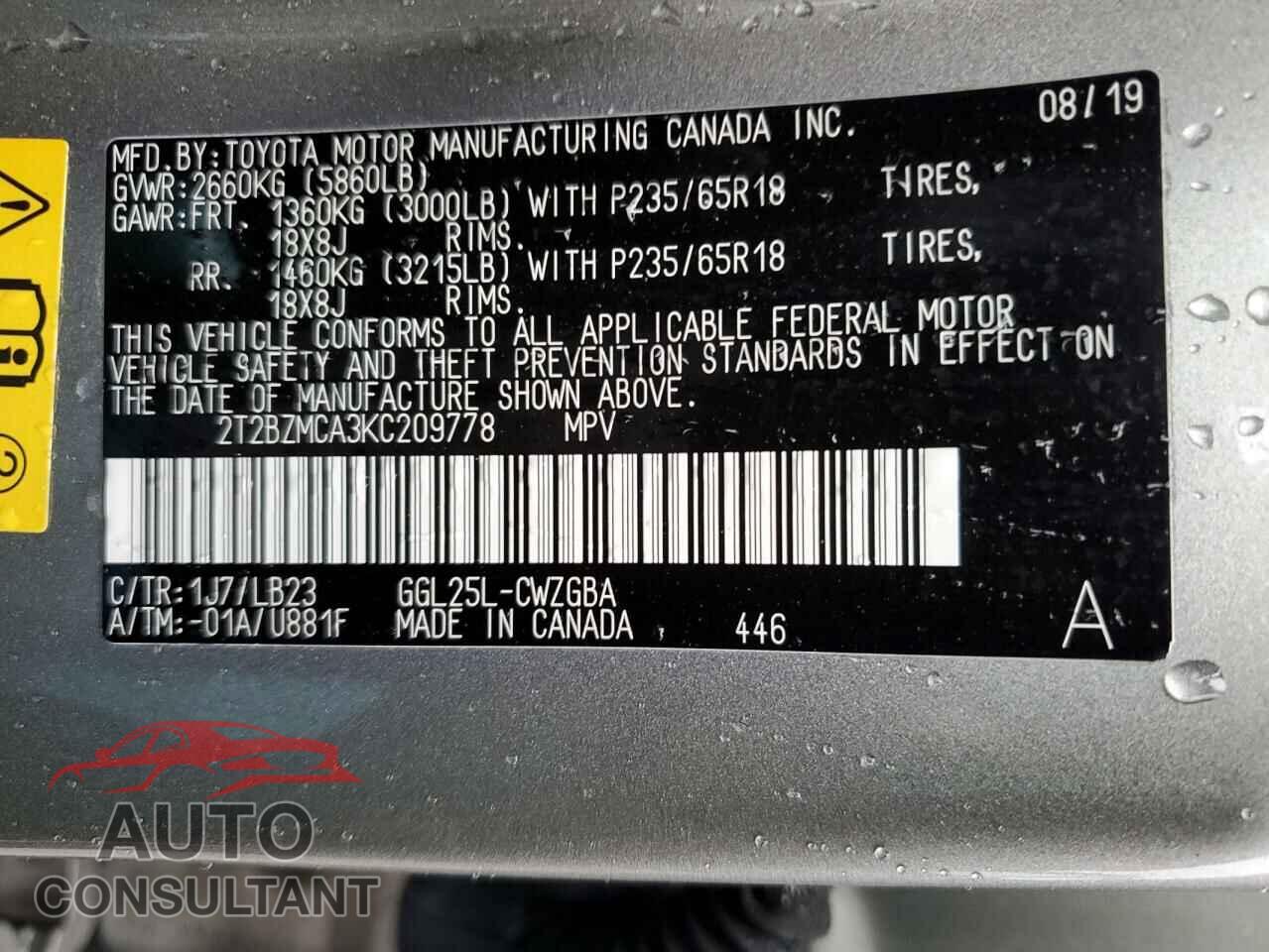 LEXUS RX350 2019 - 2T2BZMCA3KC209778