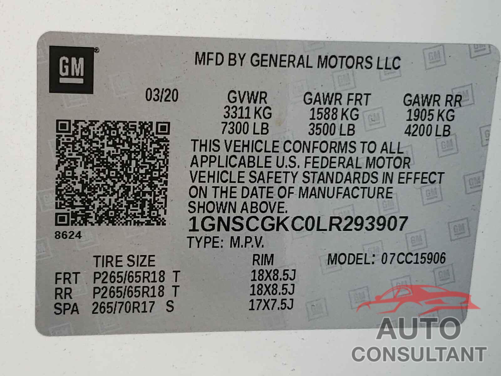 CHEVROLET SUBURBAN 2020 - 1GNSCGKC0LR293907