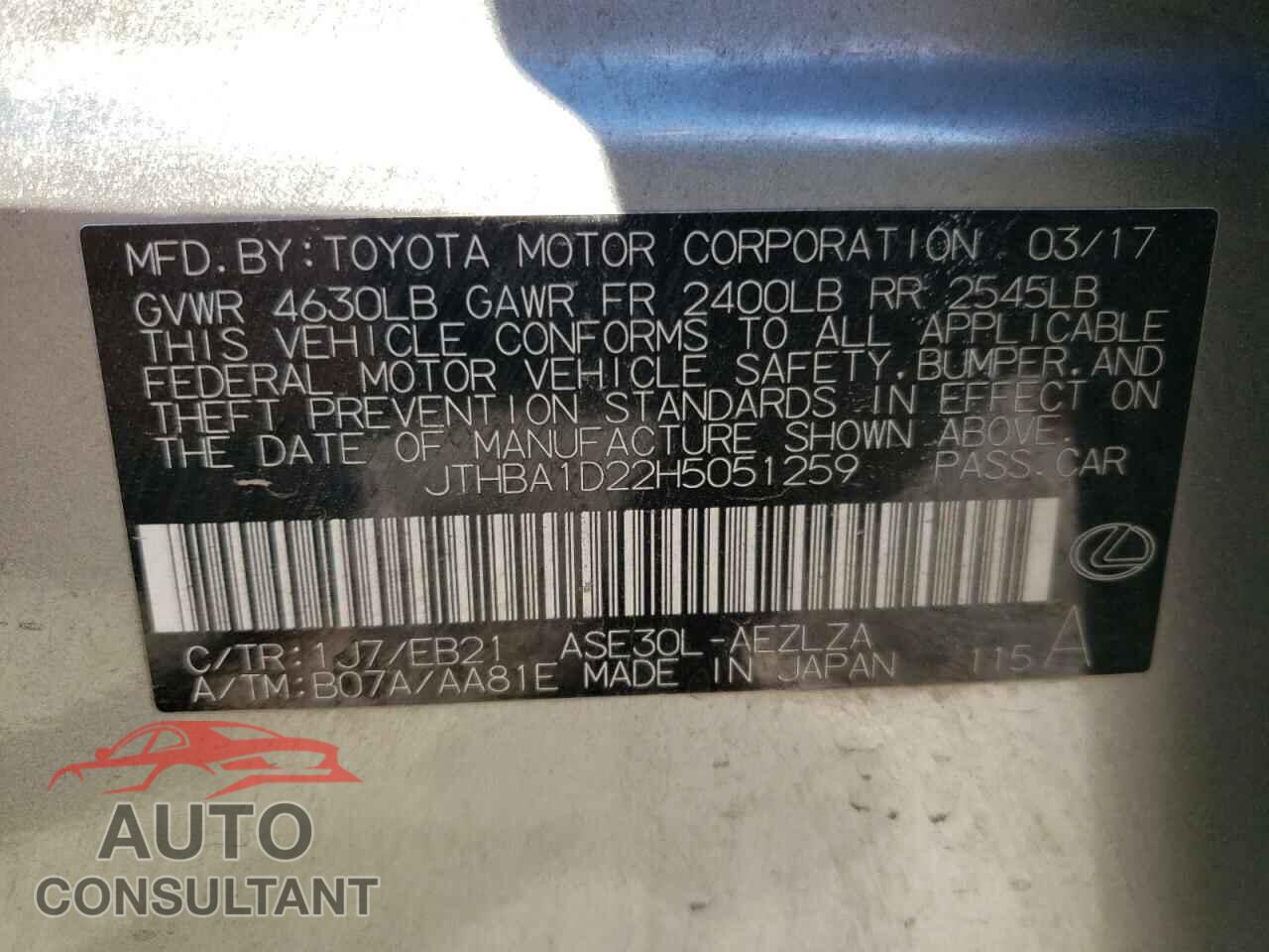 LEXUS IS 2017 - JTHBA1D22H5051259