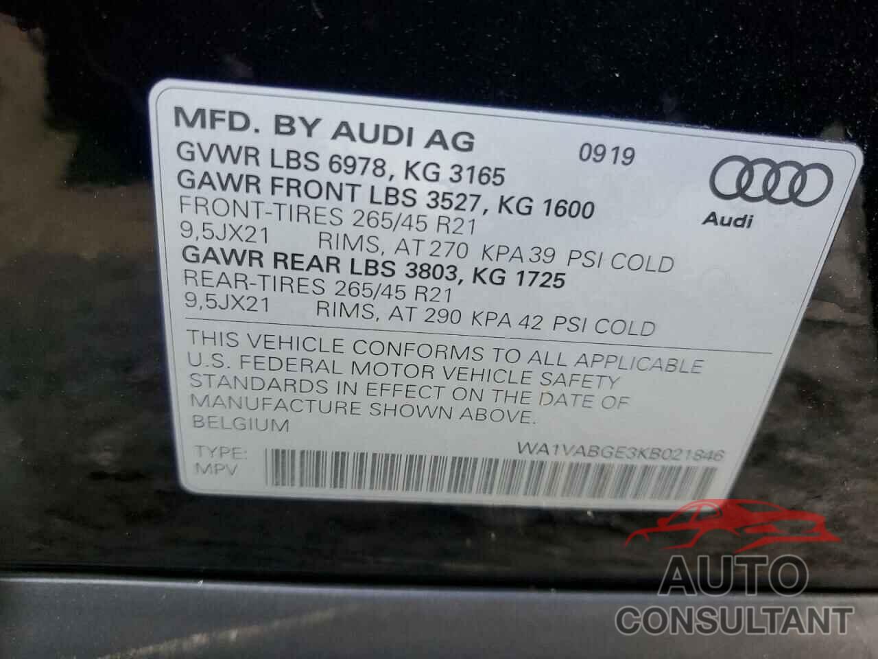 AUDI E-TRON 2019 - WA1VABGE3KB021846