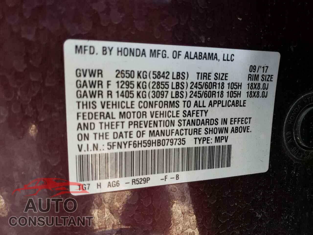 HONDA PILOT 2017 - 5FNYF6H59HB079735