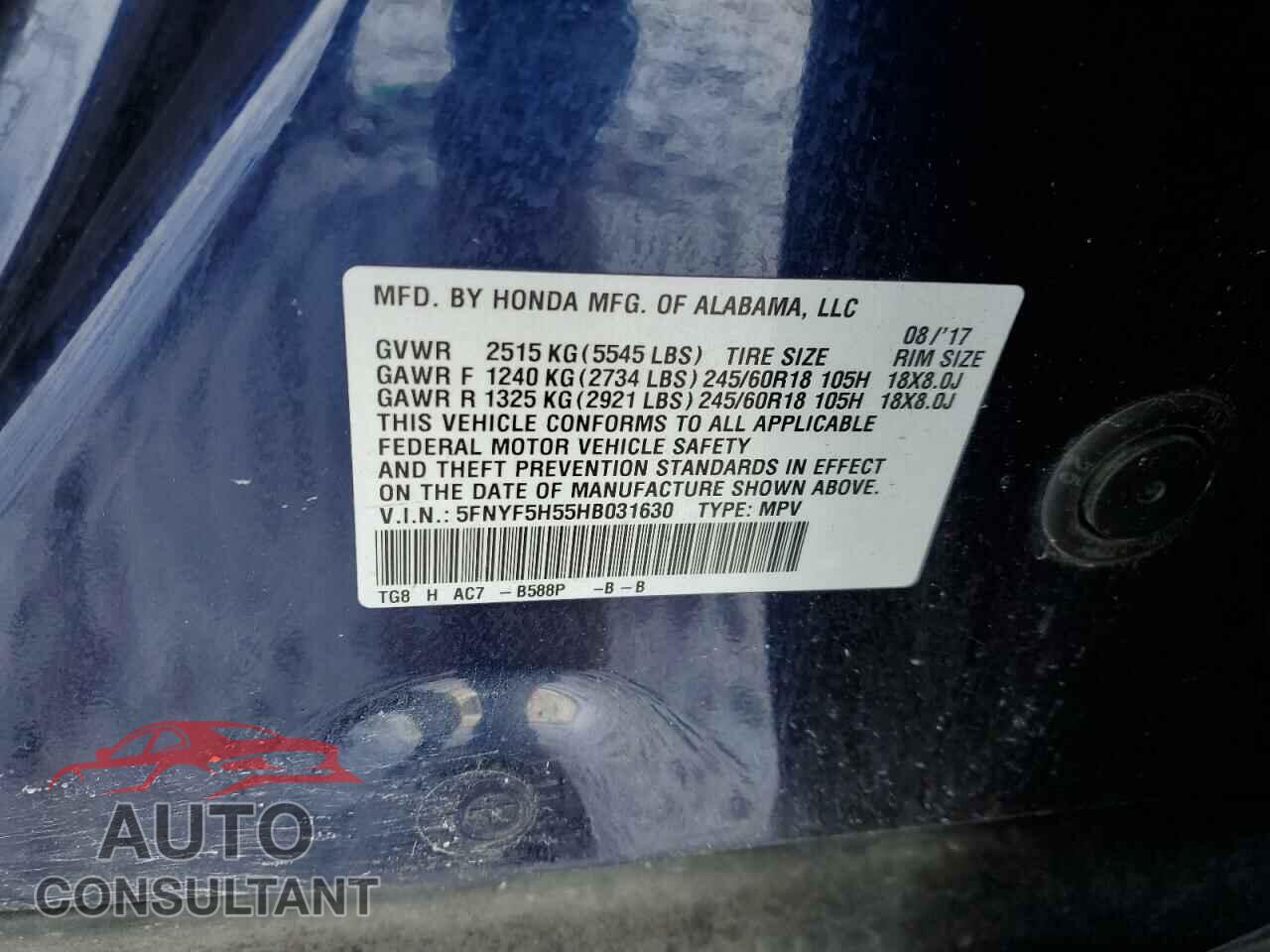 HONDA PILOT 2017 - 5FNYF5H55HB031630