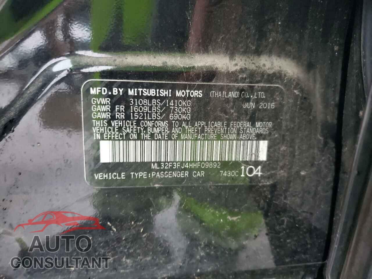 MITSUBISHI MIRAGE 2017 - ML32F3FJ4HHF09892