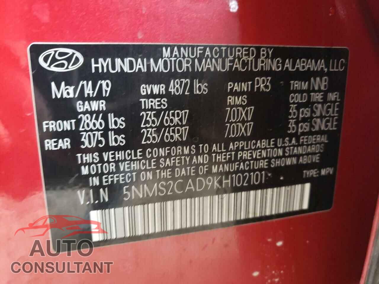 HYUNDAI SANTA FE 2019 - 5NMS2CAD9KH102101