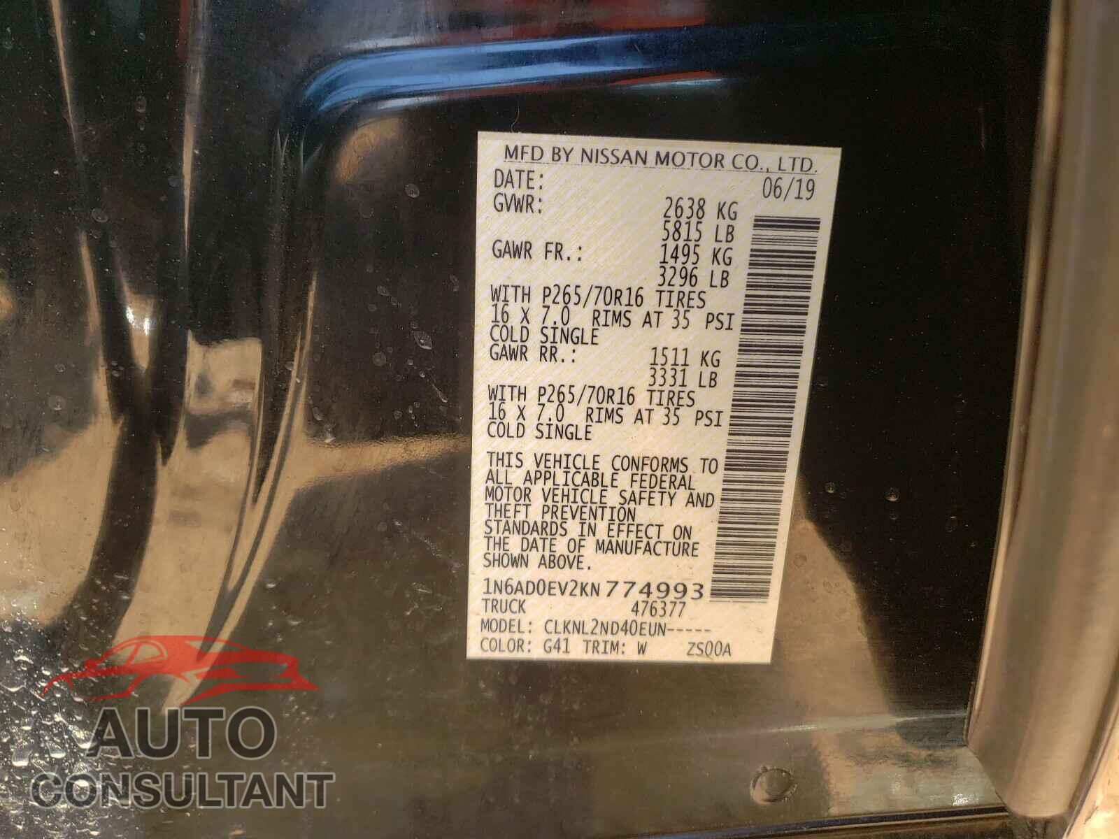 NISSAN FRONTIER 2019 - 1N6AD0EV2KN774993