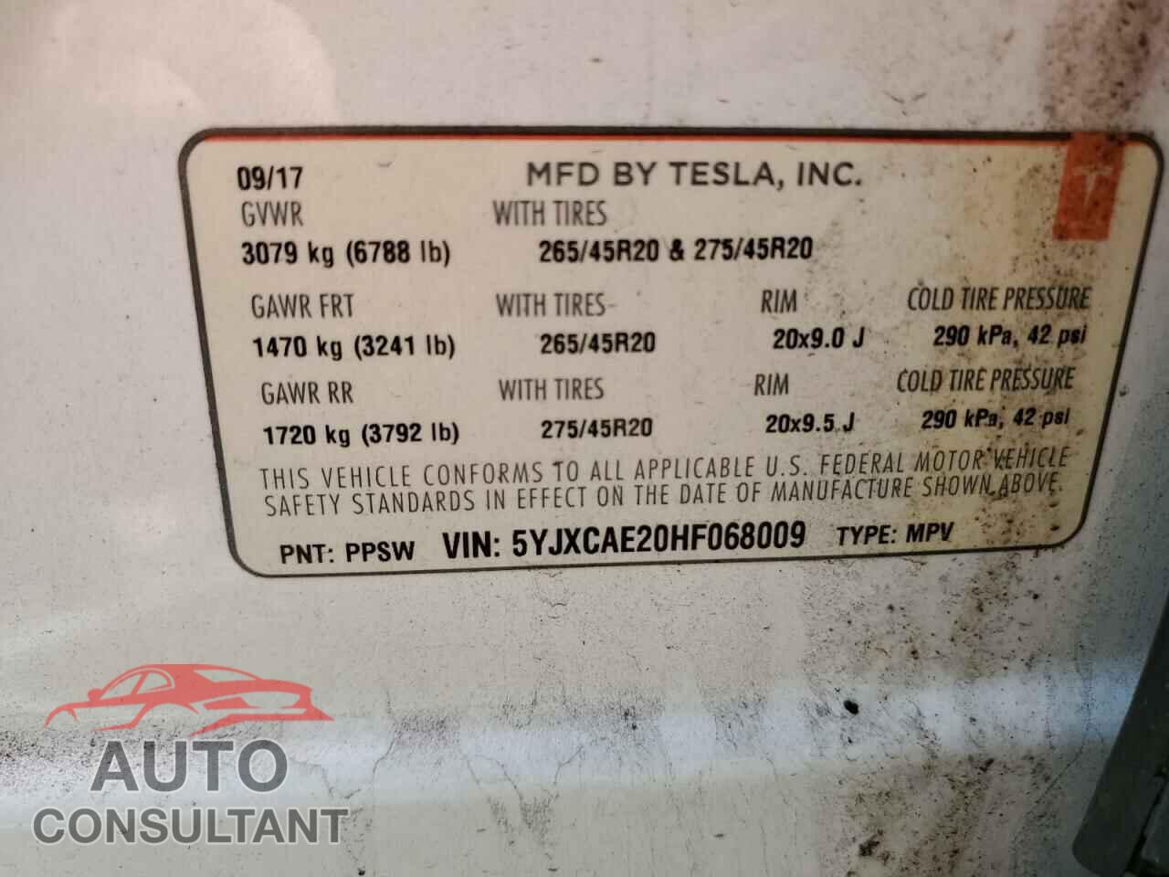 TESLA MODEL X 2017 - 5YJXCAE20HF068009