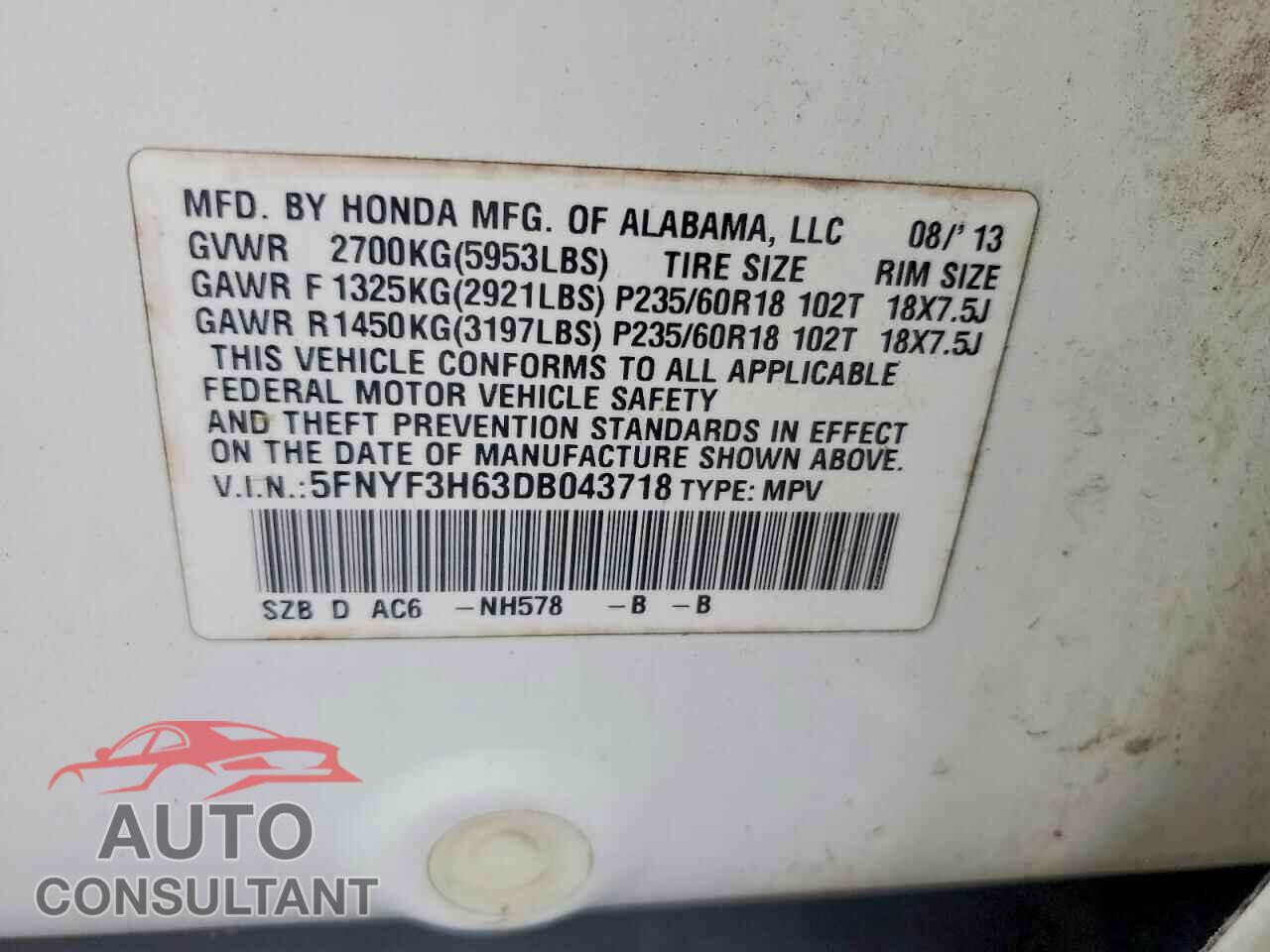 HONDA PILOT 2013 - 5FNYF3H63DB043718