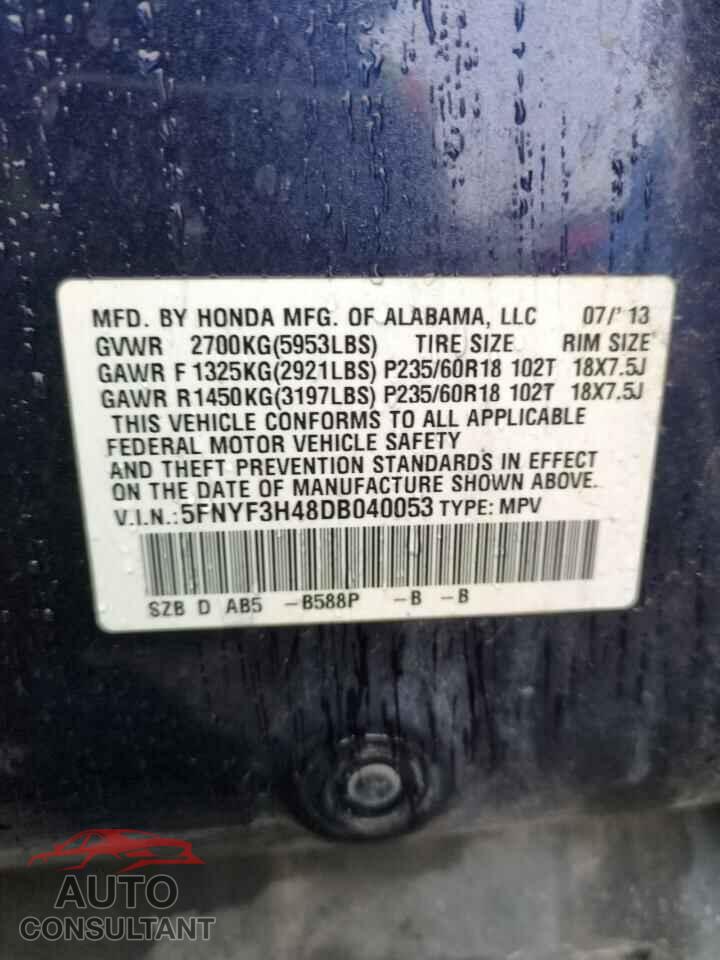 HONDA PILOT 2013 - 5FNYF3H48DB040053
