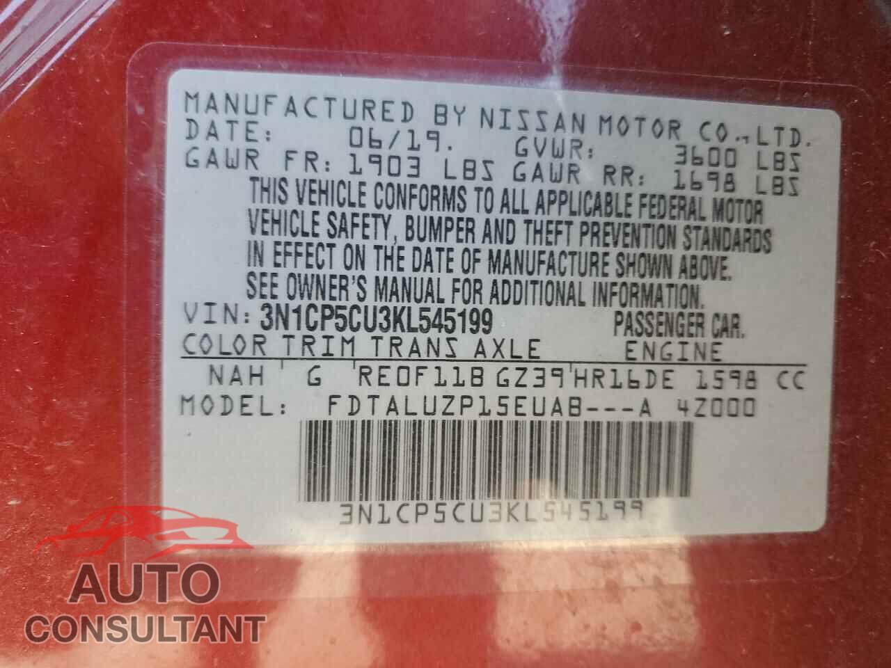 NISSAN KICKS 2019 - 3N1CP5CU3KL545199