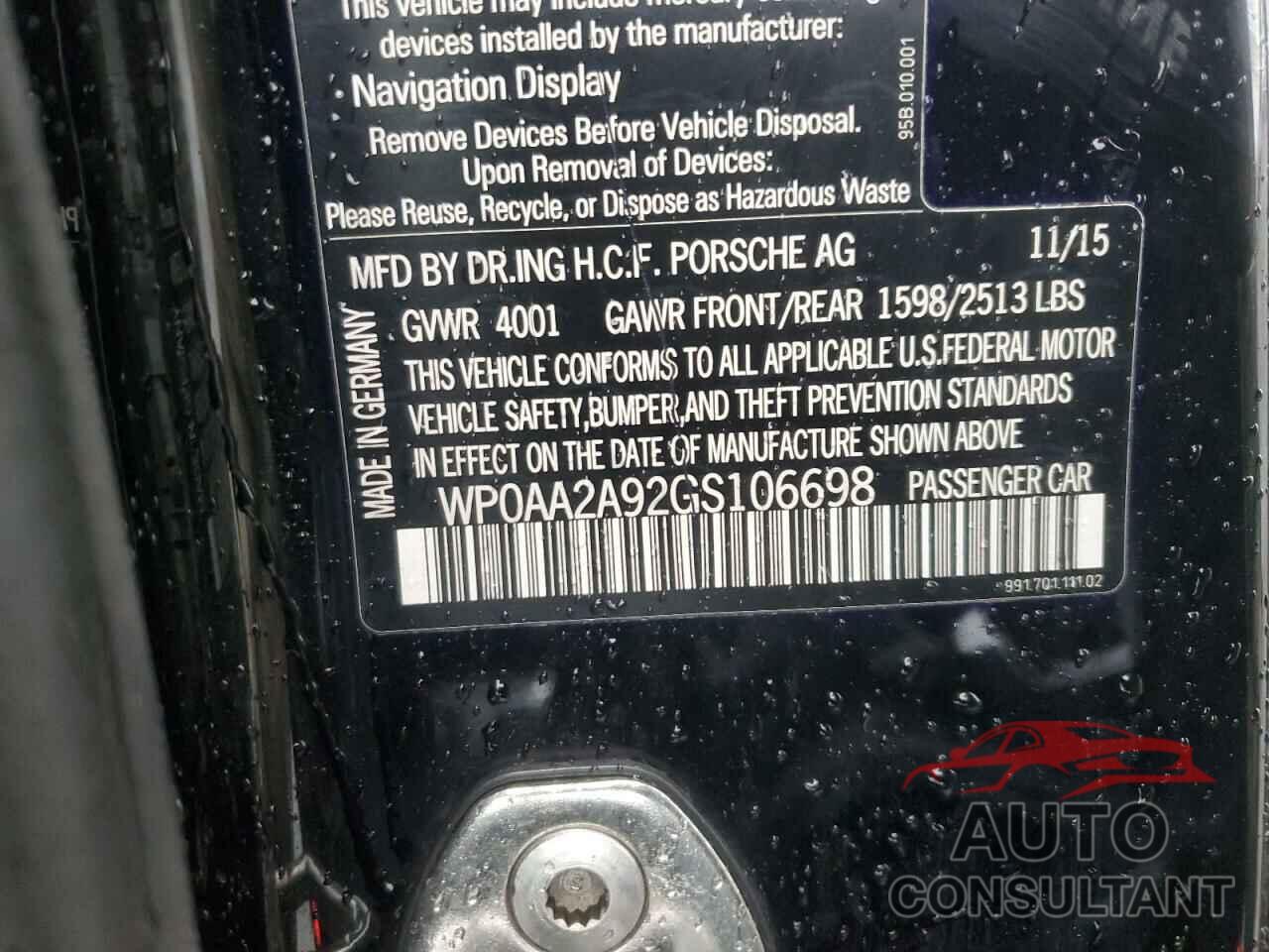 PORSCHE 911 2016 - WP0AA2A92GS106698
