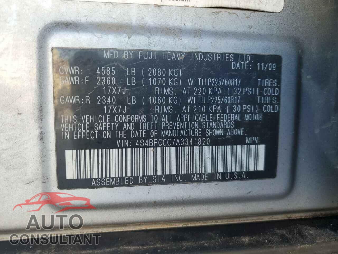 SUBARU OUTBACK 2010 - 4S4BRCCC7A3341820