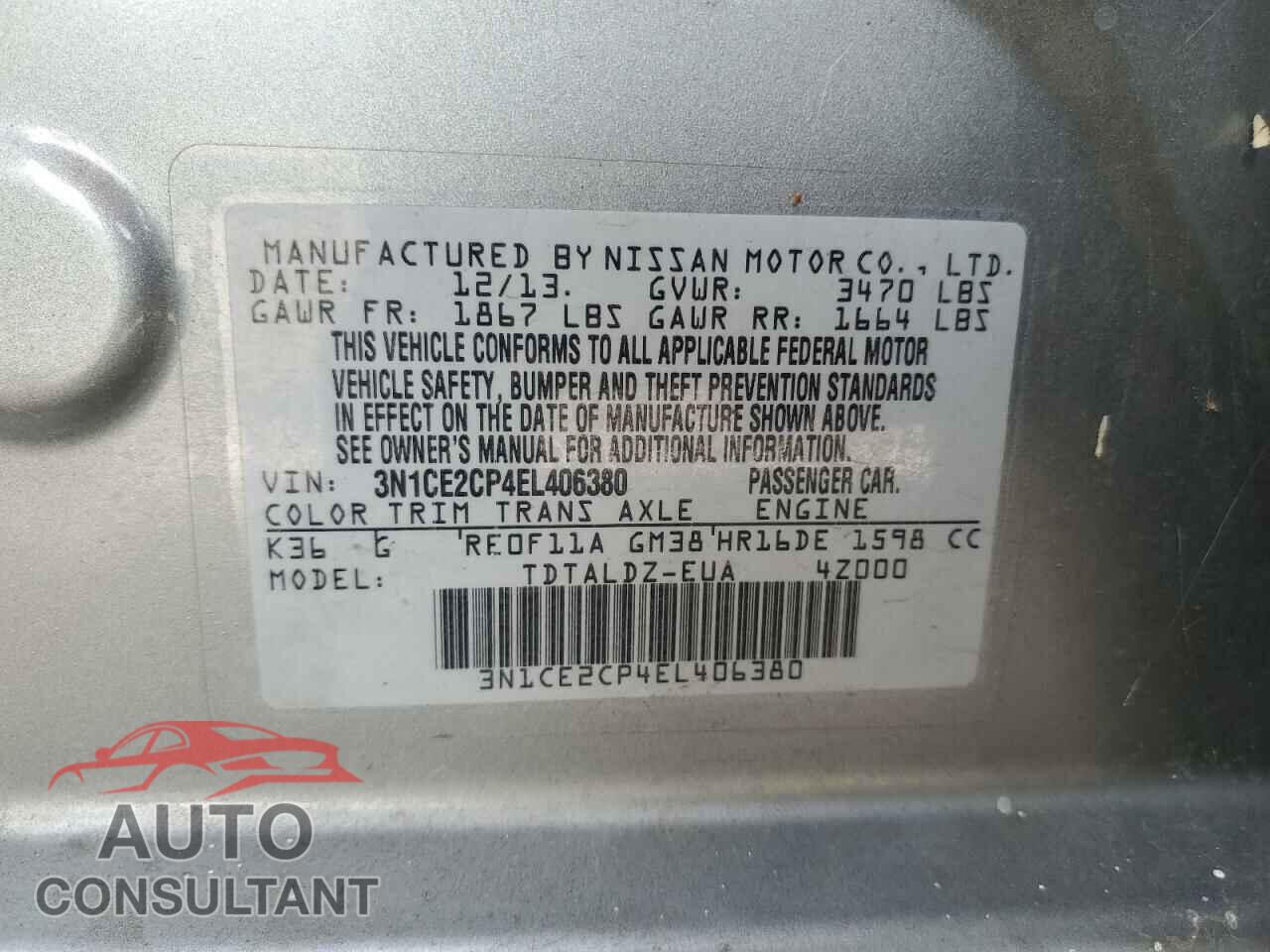 NISSAN VERSA 2014 - 3N1CE2CP4EL406380