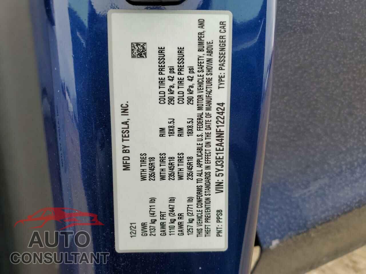 TESLA MODEL 3 2022 - 5YJ3E1EA4NF122424
