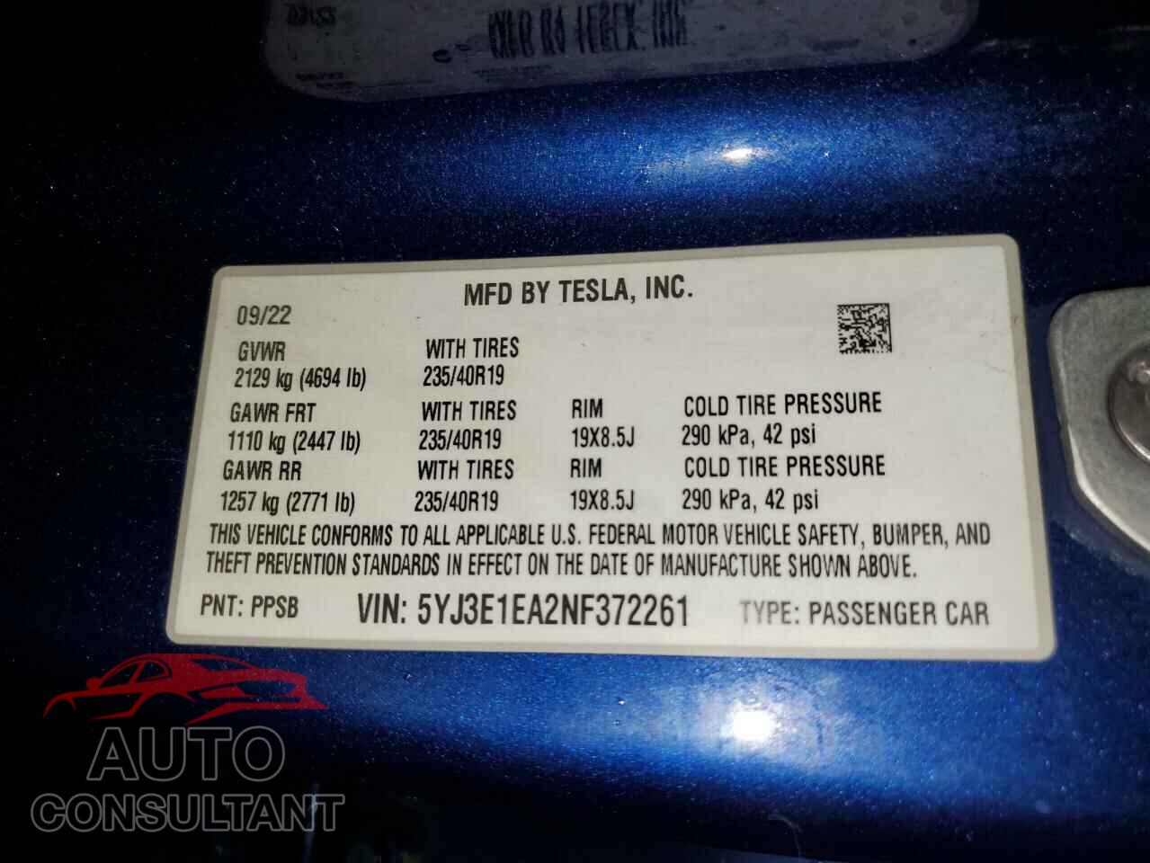 TESLA MODEL 3 2022 - 5YJ3E1EA2NF372261