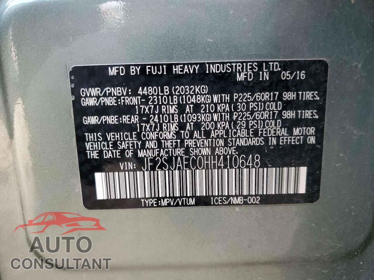 SUBARU FORESTER 2017 - JF2SJAEC0HH410648