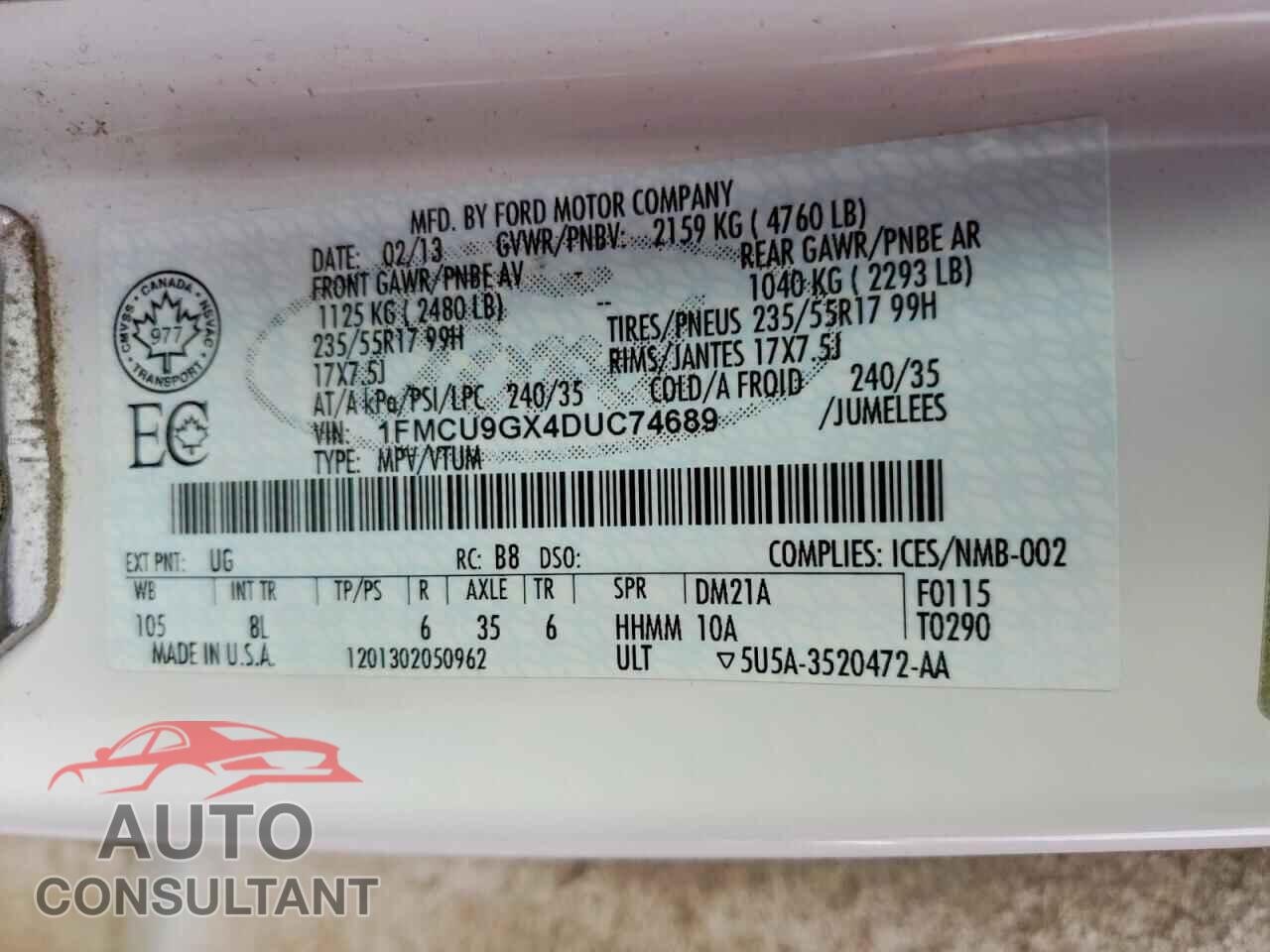 FORD ESCAPE 2013 - 1FMCU9GX4DUC74689