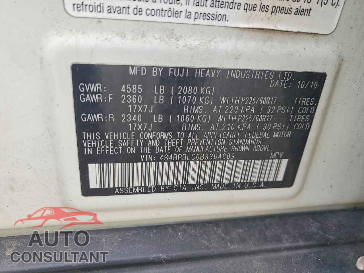 SUBARU OUTBACK 2011 - 4S4BRBLC0B3364609