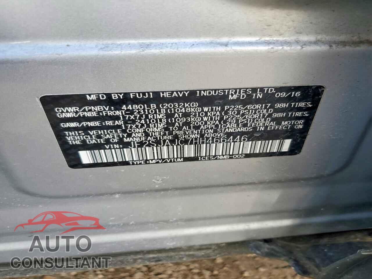 SUBARU FORESTER 2017 - JF2SJAJC7HH466446