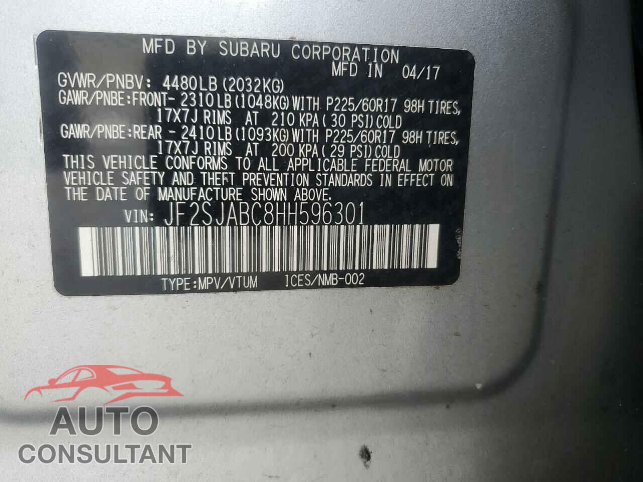 SUBARU FORESTER 2017 - JF2SJABC8HH596301