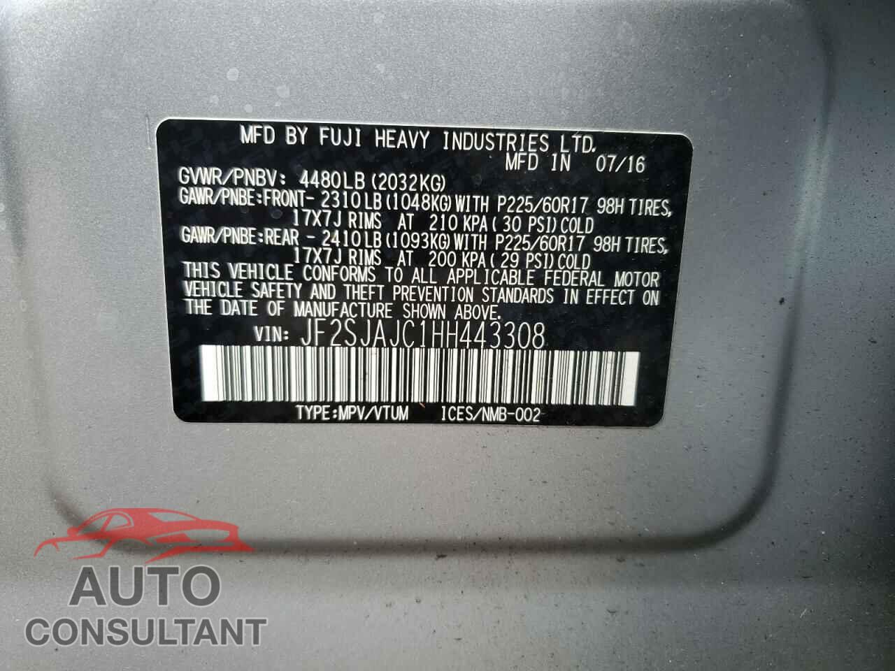 SUBARU FORESTER 2017 - JF2SJAJC1HH443308