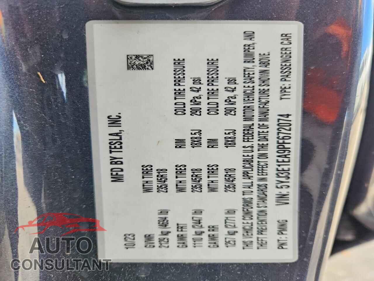 TESLA MODEL 3 2023 - 5YJ3E1EA9PF672074