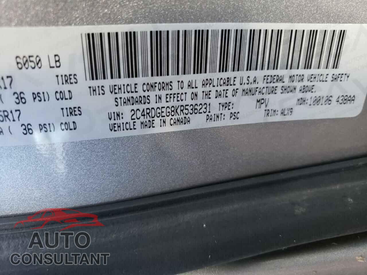 DODGE CARAVAN 2019 - 2C4RDGEG8KR536231