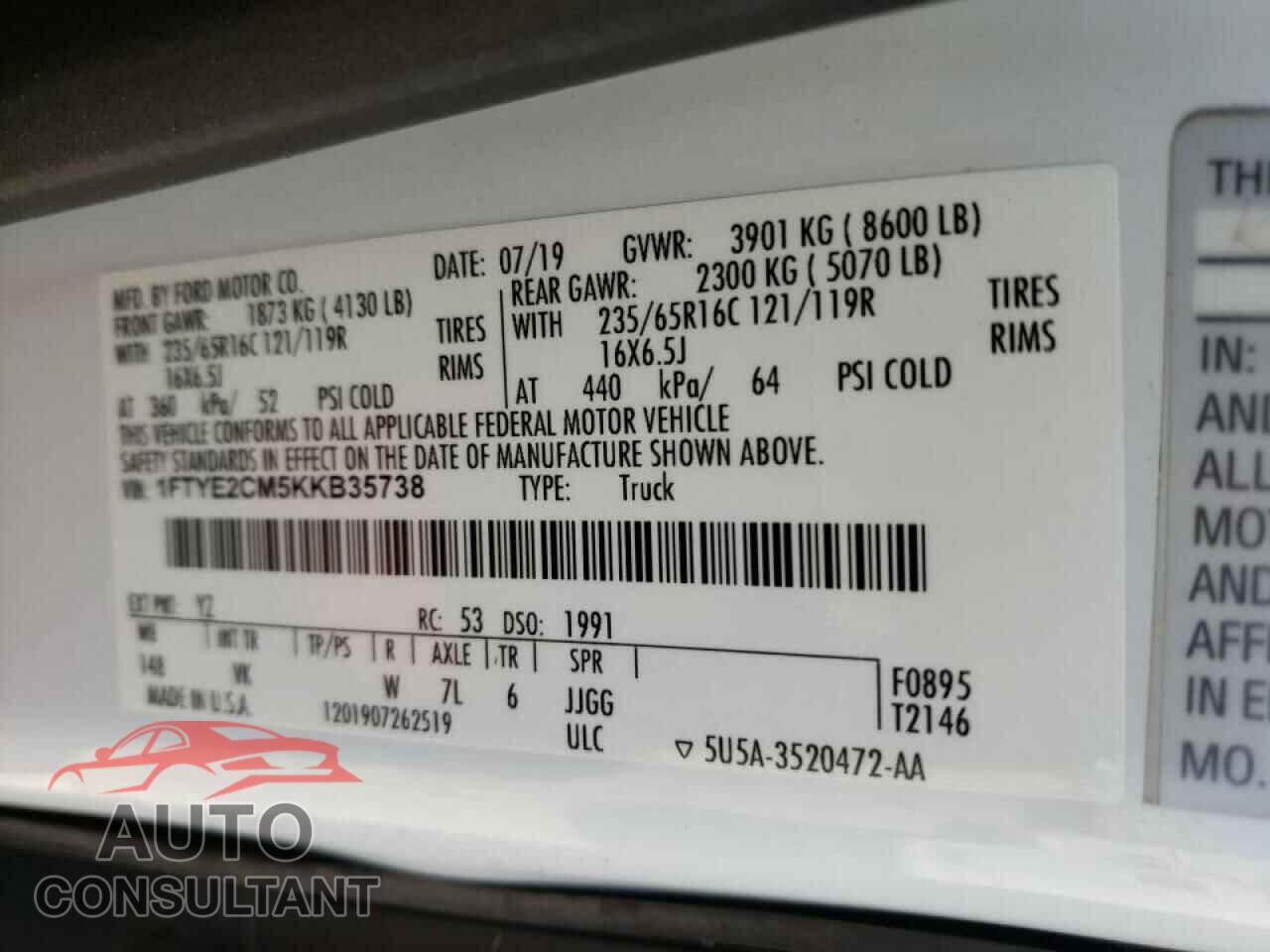 FORD TRANSIT CO 2019 - 1FTYE2CM5KKB35738