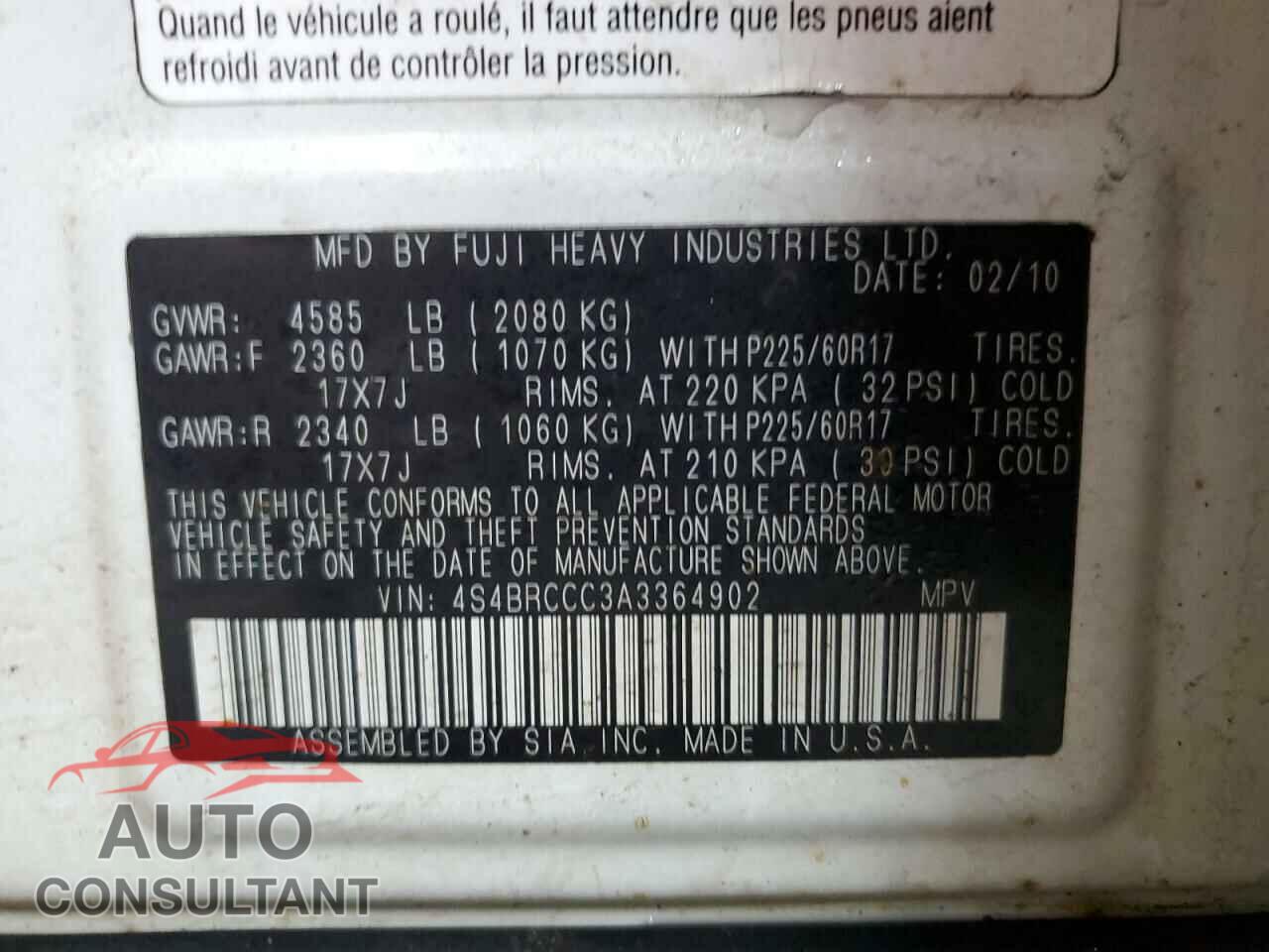 SUBARU OUTBACK 2010 - 4S4BRCCC3A3364902