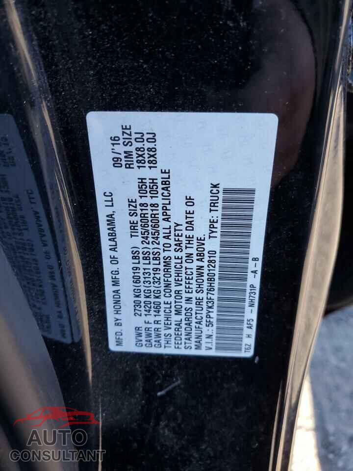 HONDA RIDGELINE 2017 - 5FPYK3F76HB012810