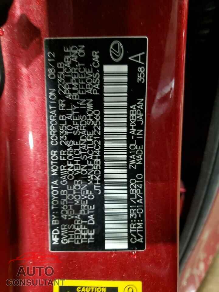 LEXUS CT 200 2012 - JTHKD5BH4C2122560