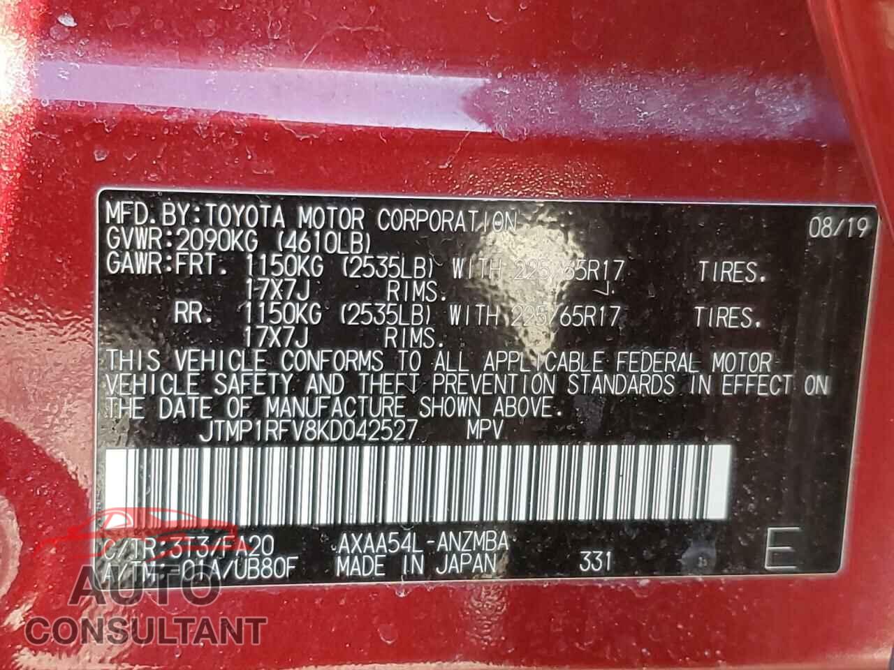 TOYOTA RAV4 2019 - JTMP1RFV8KD042527