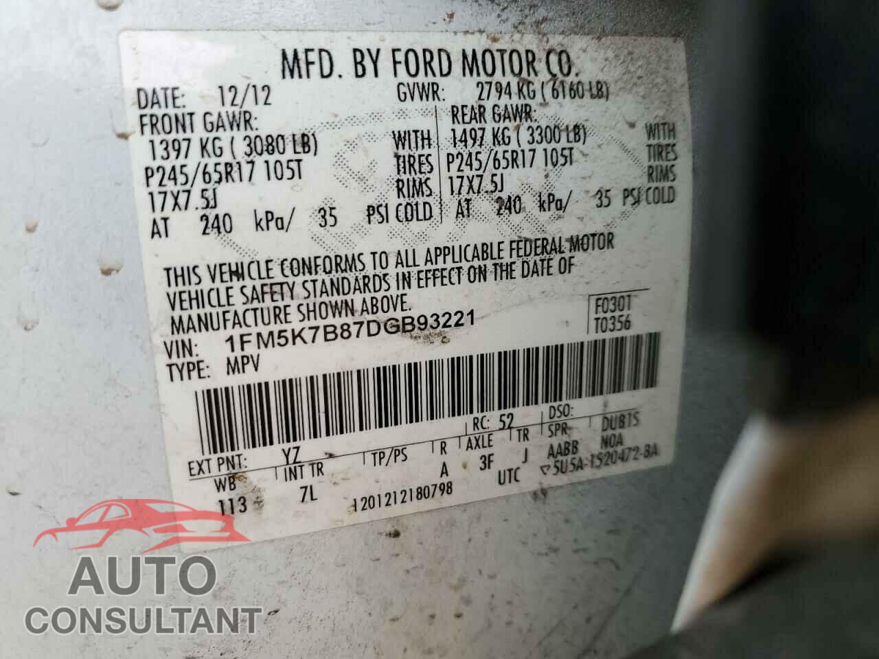 FORD EXPLORER 2013 - 1FM5K7B87DGB93221
