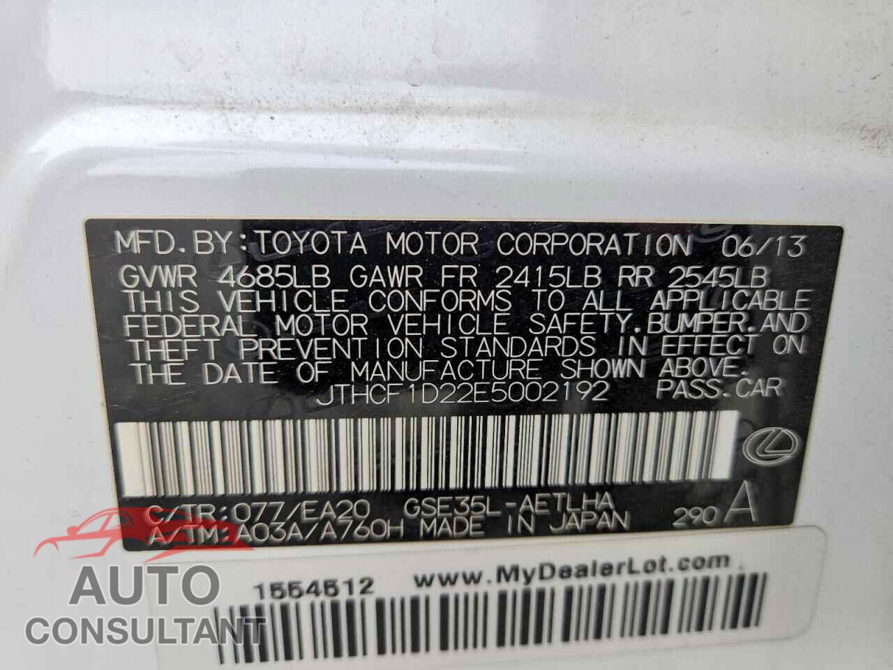 LEXUS IS 2014 - JTHCF1D22E5002192