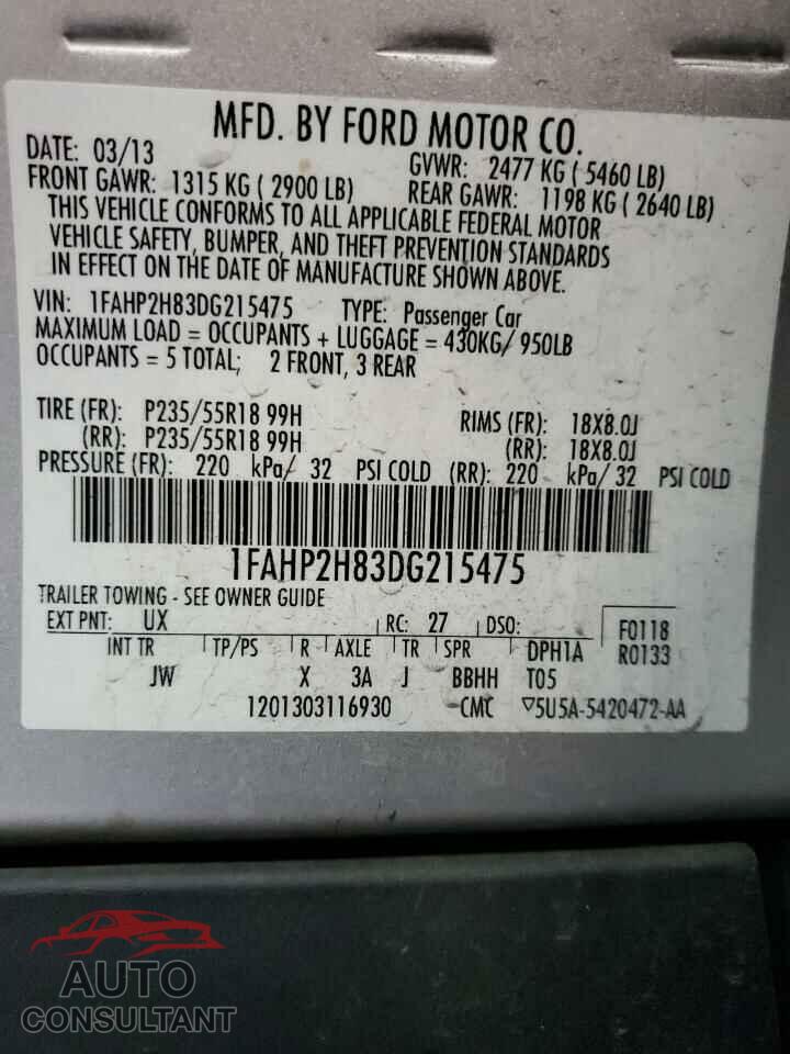 FORD TAURUS 2013 - 1FAHP2H83DG215475