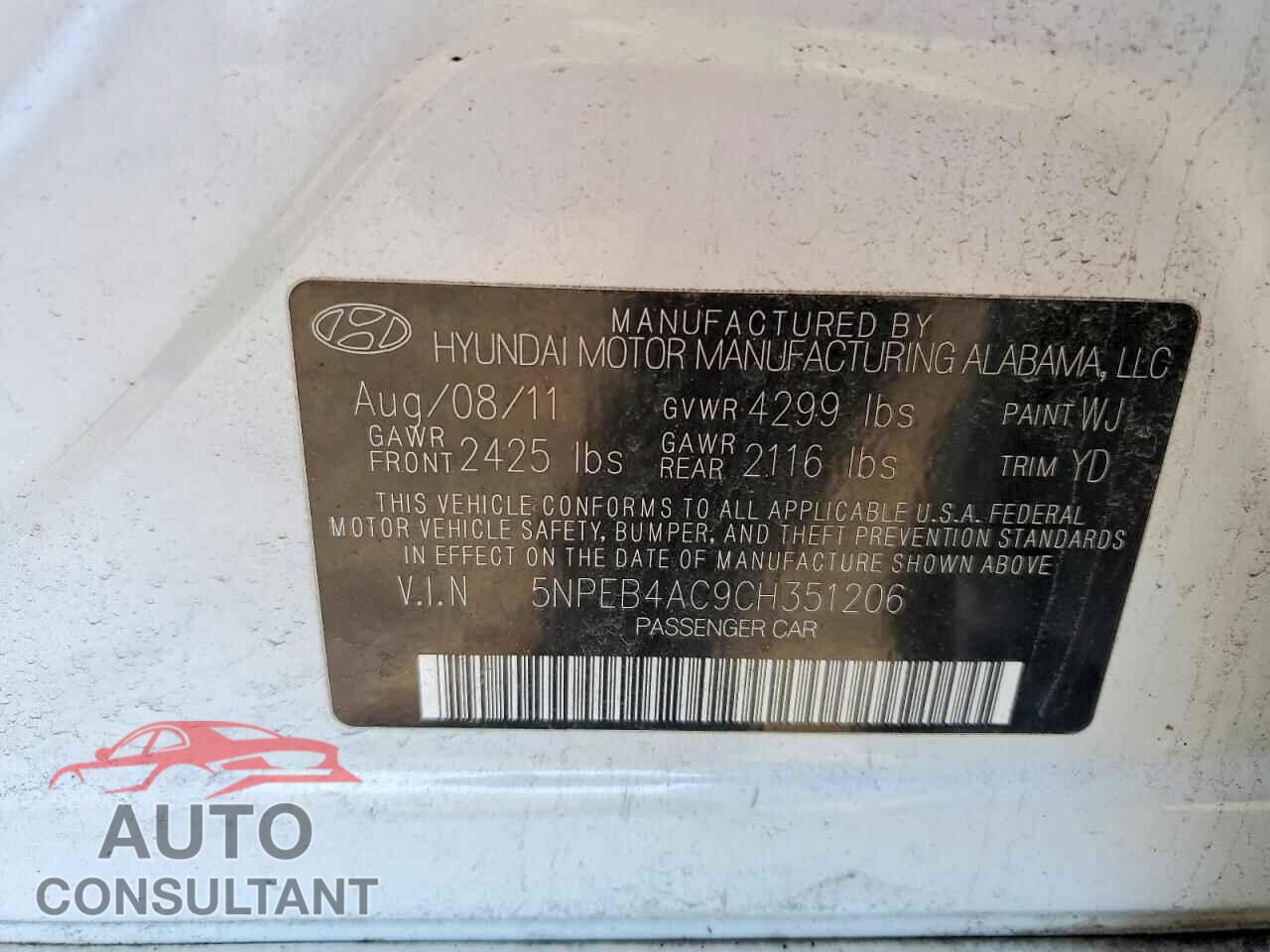 HYUNDAI SONATA 2012 - 5NPEB4AC9CH351206