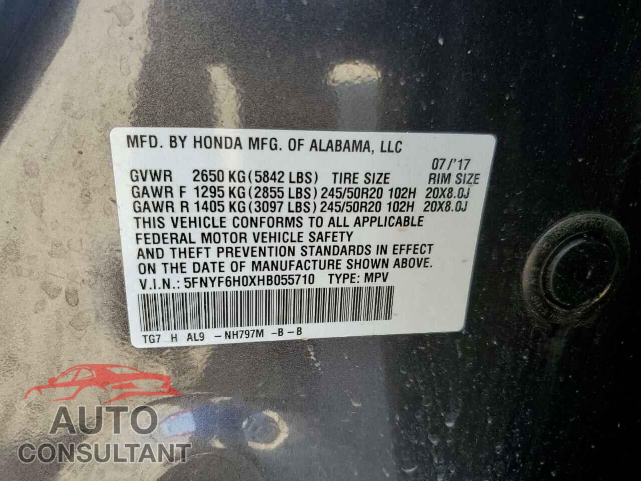 HONDA PILOT 2017 - 5FNYF6H0XHB055710