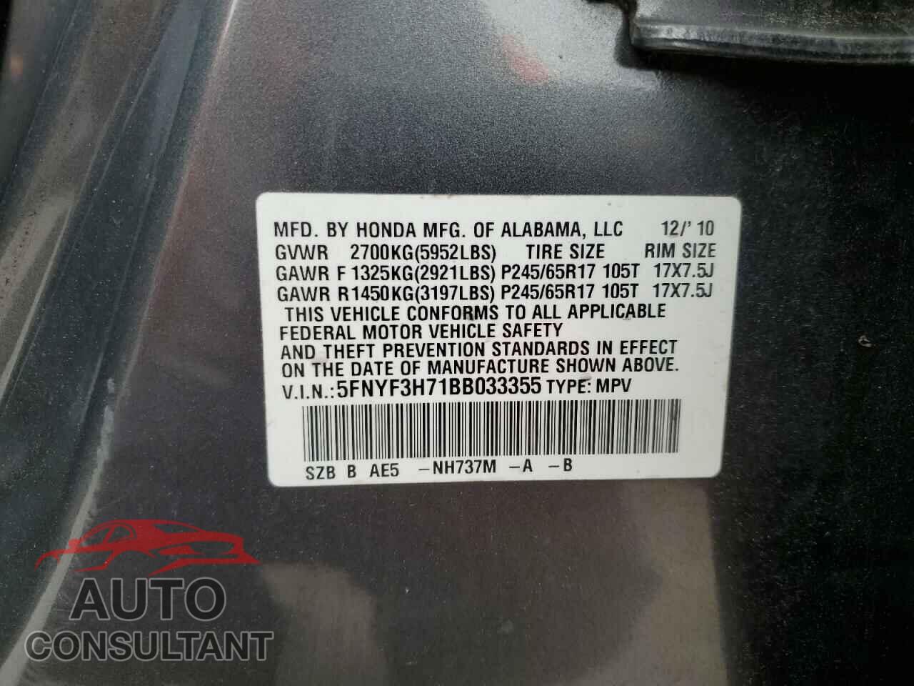 HONDA PILOT 2011 - 5FNYF3H71BB033355