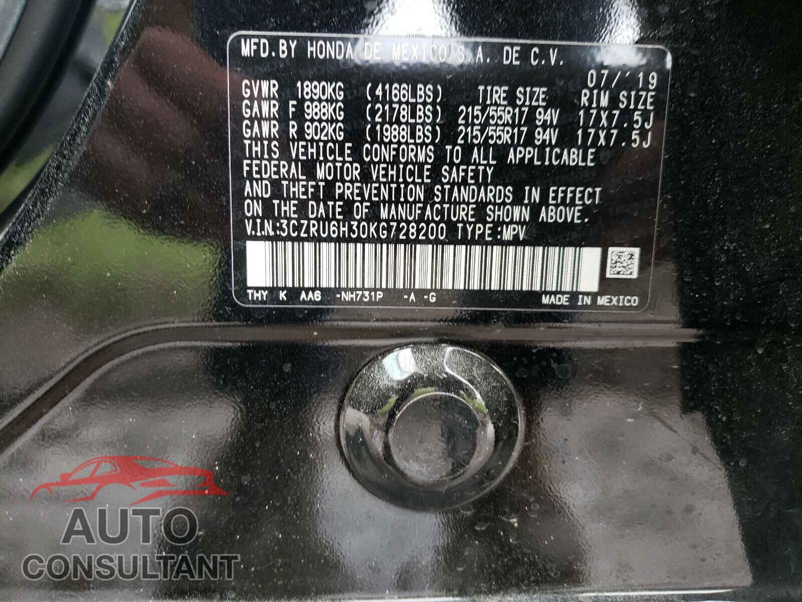 HONDA HR-V 2019 - 3CZRU6H30KG728200