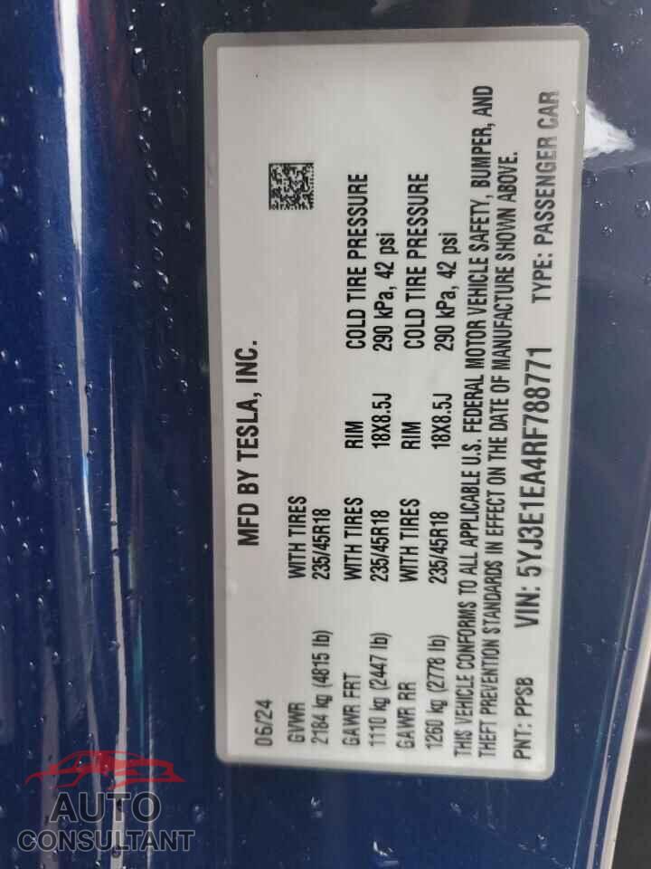 TESLA MODEL 3 2024 - 5YJ3E1EA4RF788771