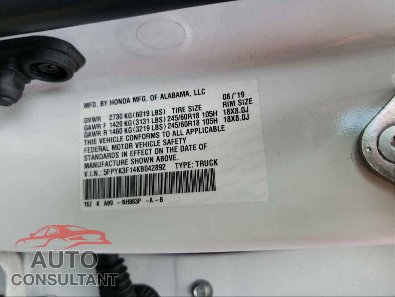 HONDA RIDGELINE 2019 - 5FPYK3F14KB042892