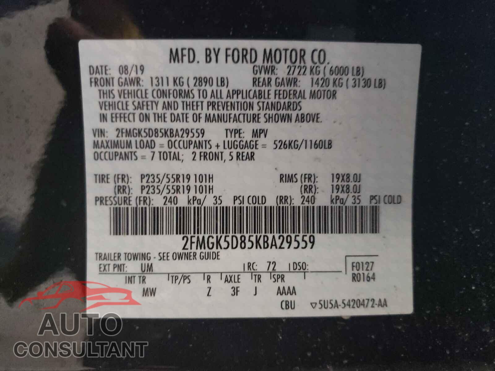 FORD FLEX 2019 - 2FMGK5D85KBA29559