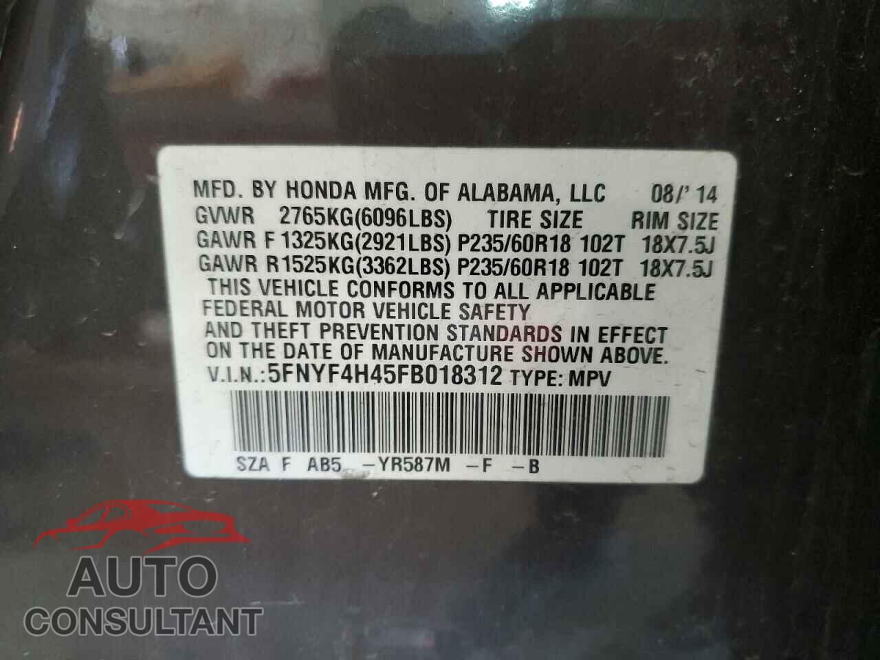 HONDA PILOT 2015 - 5FNYF4H45FB018312