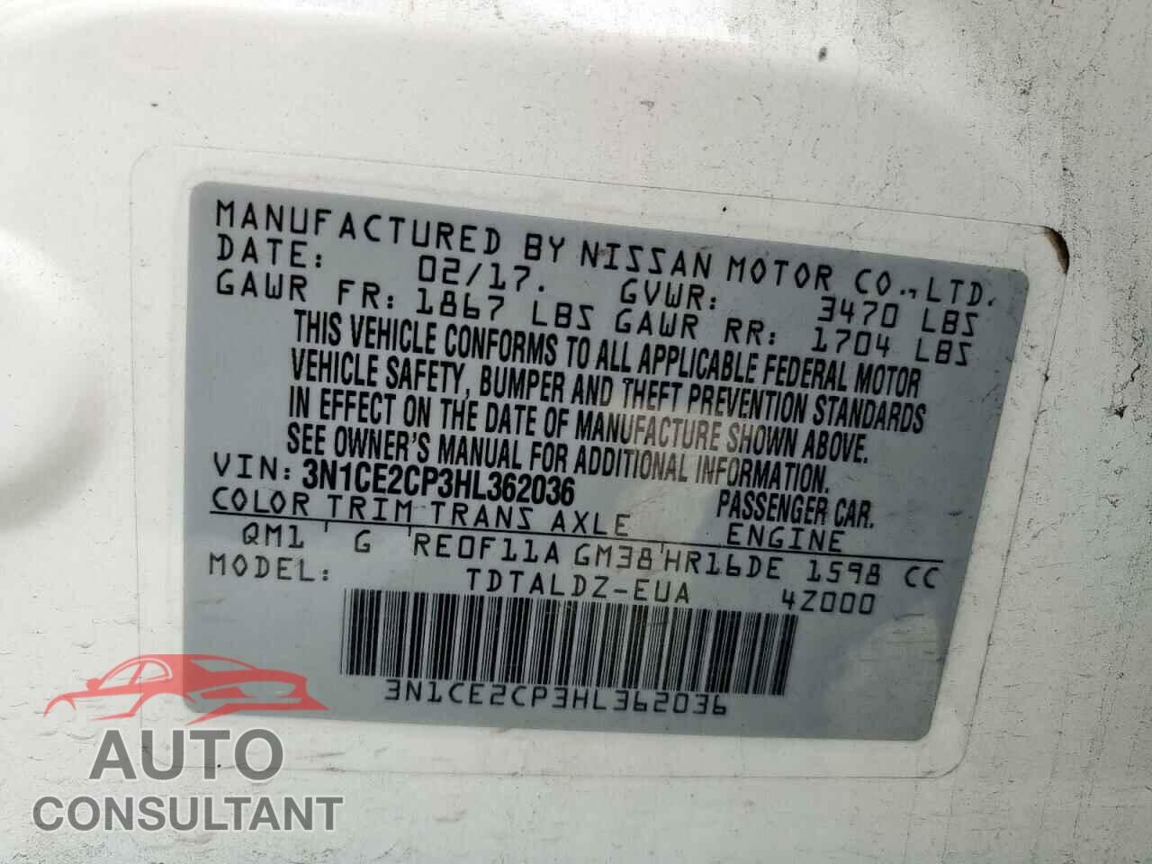 NISSAN VERSA 2017 - 3N1CE2CP3HL362036