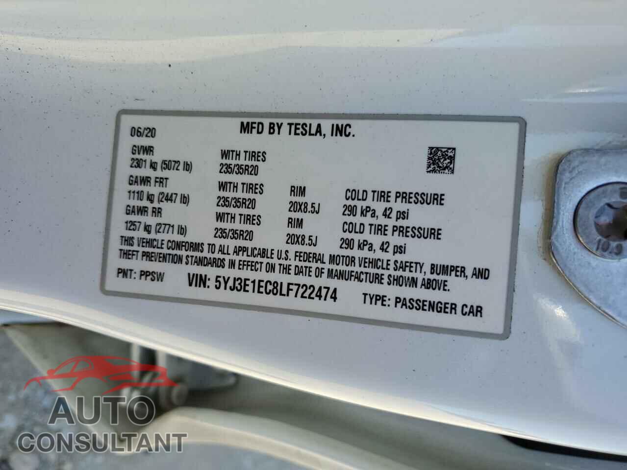 TESLA MODEL 3 2020 - 5YJ3E1EC8LF722474