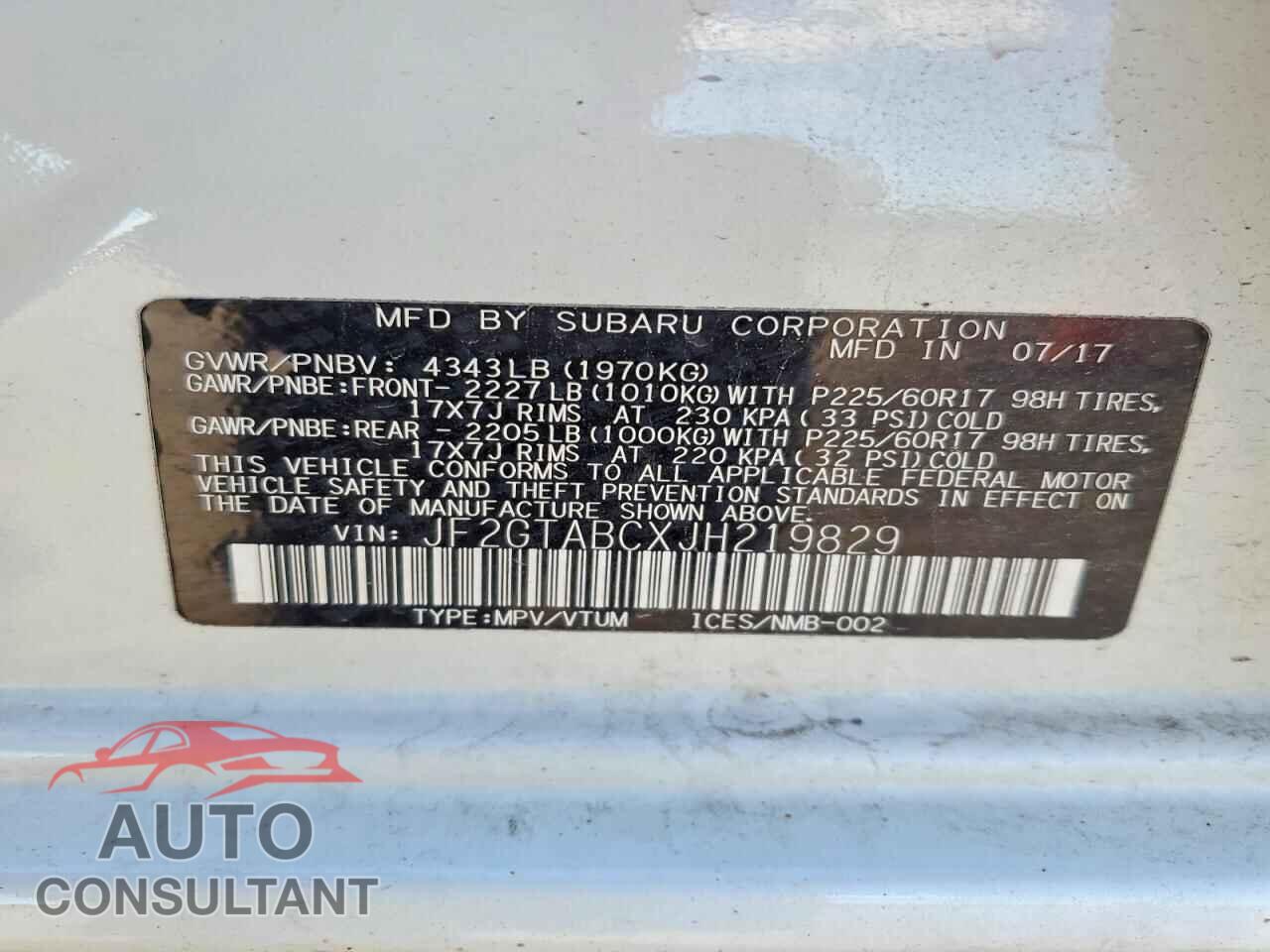 SUBARU CROSSTREK 2018 - JF2GTABCXJH219829