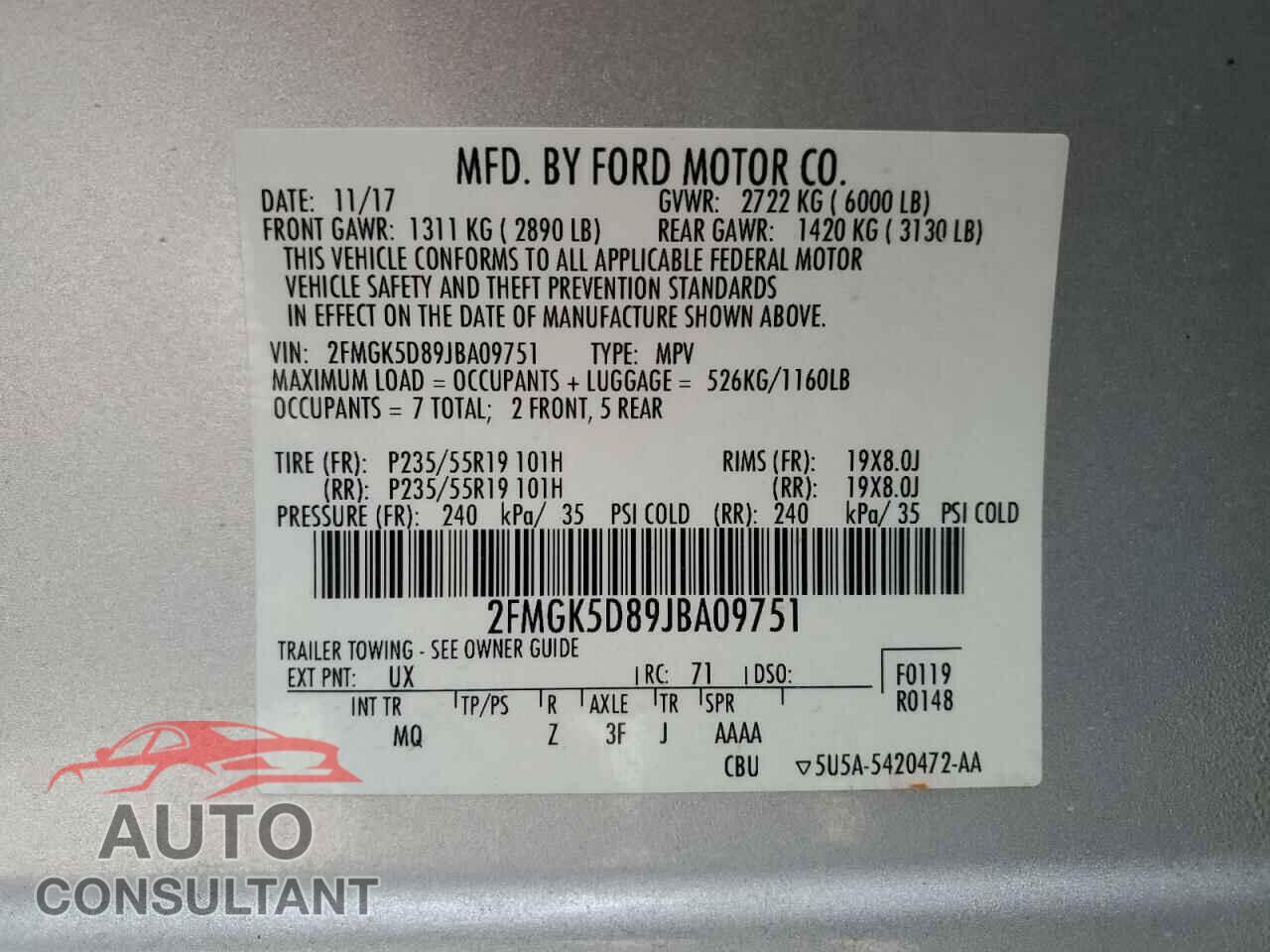 FORD FLEX 2018 - 2FMGK5D89JBA09751