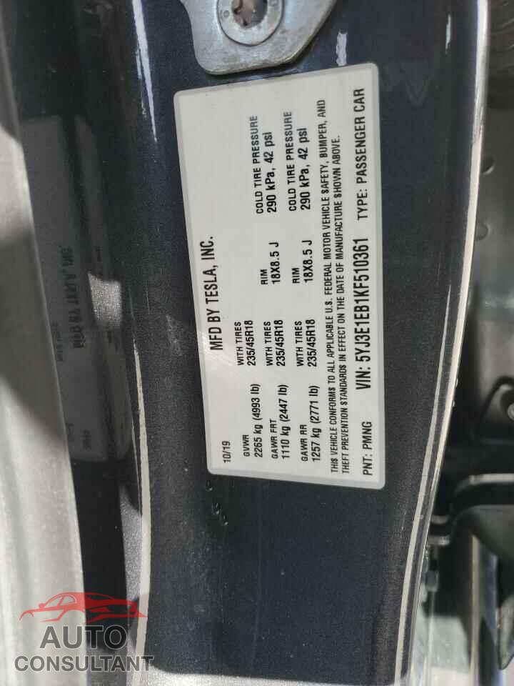 TESLA MODEL 3 2019 - 5YJ3E1EB1KF510361