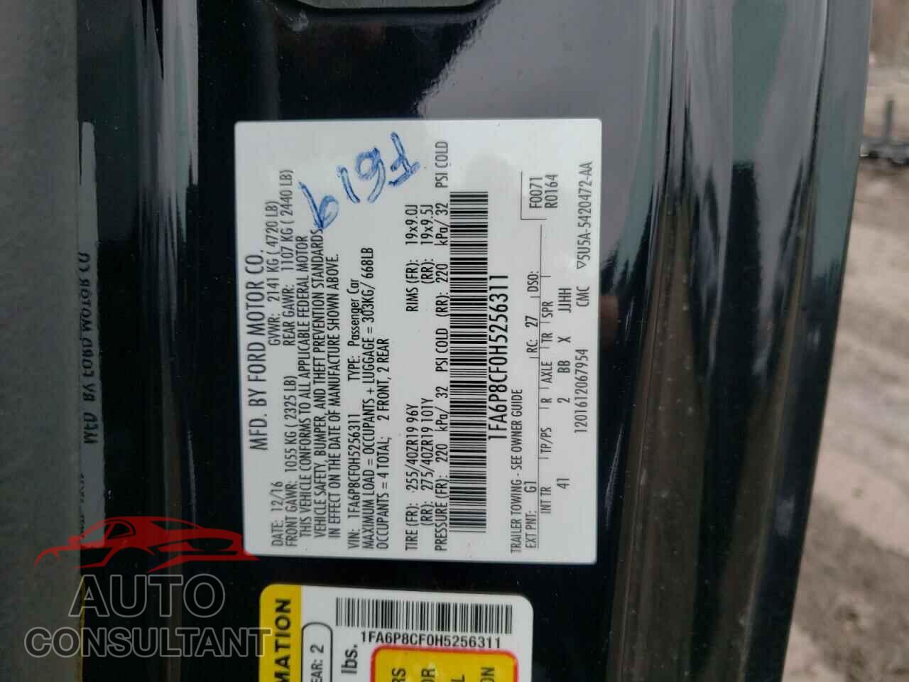 FORD MUSTANG 2017 - 1FA6P8CF0H5256311