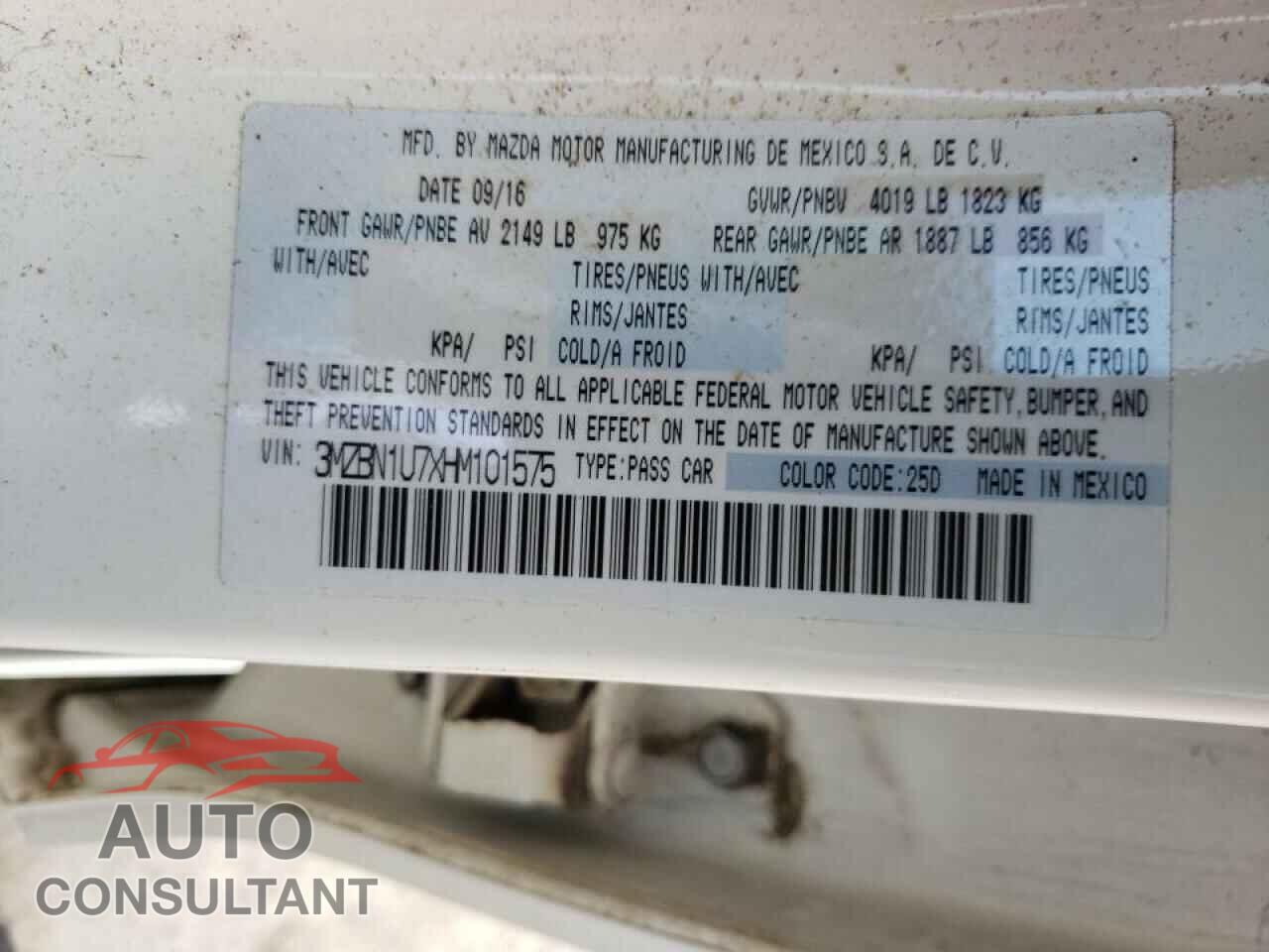 MAZDA 3 2017 - 3MZBN1U7XHM101575