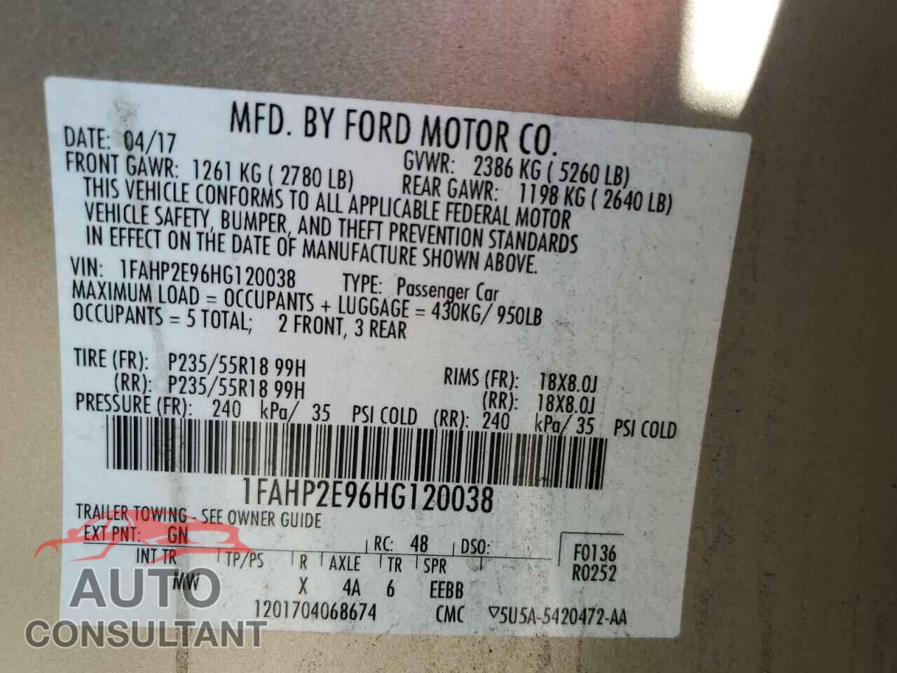 FORD TAURUS 2017 - 1FAHP2E96HG120038